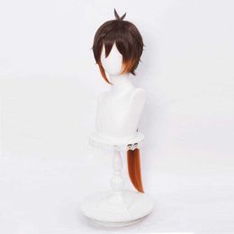 Genshin Impact Zhongli Cosplay 90cm Long Noël Brun Orange Perruque Anime s Résistant À La Chaleur Synthétique s + Cap Y0913