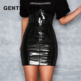 Gentillove Faxu Latex PU Falda de cuero para mujer Cremallera Negro Cintura alta Lápiz Mujeres Primavera Wrap Sexy Mini Mujer 210629