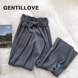 Gentillove, pantalones de pierna ancha plisados elegantes coreanos para mujer, pantalones sueltos de cintura alta con cordones y lazo, pantalones rectos suaves verticales informales Q0801