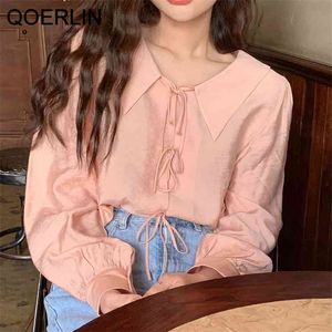 Chemise à lacets en vrac doux filles style japonais coréen doux à manches longues solide blanc rose hauts chemisier élégant 210601