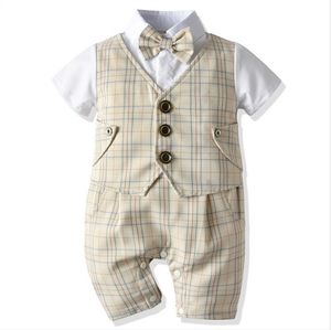 Gentleman Style Bébés Garçons Barboteuses Été Garçon Combinaisons À Manches Courtes Avec Noeud Papillon Coton Toddler Plaid Barboteuse Bébés Bébés Col Rabattu Onesies Enfants Combinaison