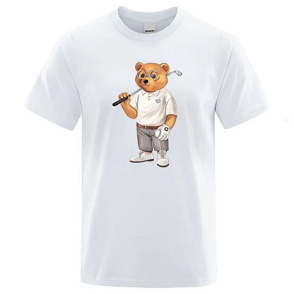 Gentleman Teddy Bear jouant des hommes de golf T-shirts Summer Cotton Sweat T-shirts respirants en vrac Hip Hop Street Short Sleeve 240517