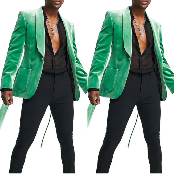 Caballero Terciopelo Hombres Boda Esmoquin Chal verde Solapa Un botón Blazer Trajes Ropa formal de negocios Solo una chaqueta