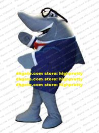 Gentleman -achtige grijze walvis Cetacean Shark Mascot Kostuum Fancy Dress met Red Bowknot Bow Tie Blue Coat White Shirt No.7308
