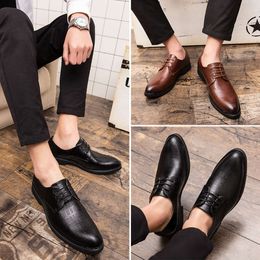 Gentlmen's Leather Fashion Men's Business Office Interview Point-Toe Black Lace-Up Casual Brown Shoes Oxfords