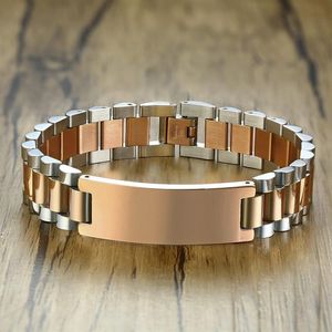 Gents Two-Tone Rose Gold Tone President-Style avec ID Tag Plate Link Watch Band Bracelet Inspiration Engravable Men Jewelry254x