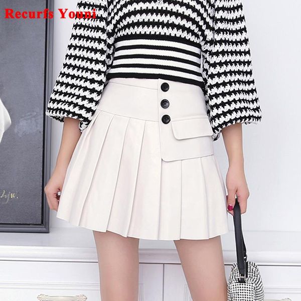 Falda de cuero genuino para mujer 2021 primavera moda de Corea del Sur botones de cintura alta plisada Jupe mujer negro/blanco Sexy Mini Faldas