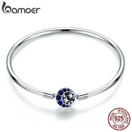 Genuino 100% Plata de Ley 925 azul CZ Luna y estrella pulsera brazaletes para mujer joyería S925 SCB080 240103