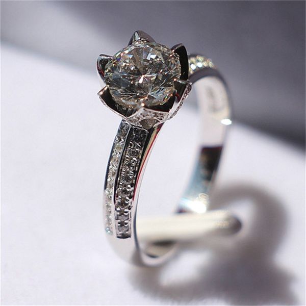 Anillo de compromiso de mujer con diamante en forma de flor de loto de oro blanco auténtico de 14 quilates, hermoso regalo de joyería para novia