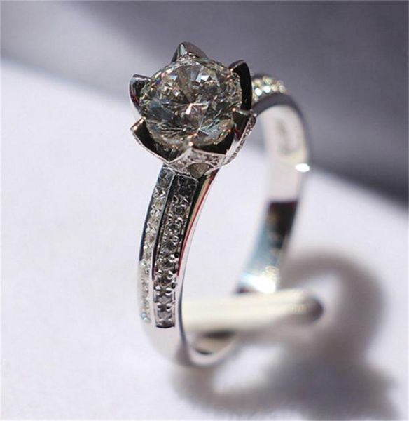 Anillo de compromiso de mujer con diamantes en forma de flor de loto de oro blanco auténtico de 14 quilates, hermoso regalo de joyería para Sweetheart2833906