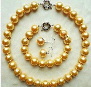 Véritable 14mm Jaune Mer Du Sud Shell Collier De Perles Bracelet Boucles D'oreilles Ensemble De Bijoux