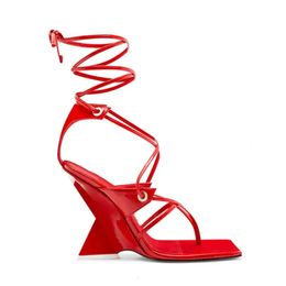 Véritable 2024 sandales en cuir femmes dames extraterrestres coin spiral talons hauts de mariage d'été robe de fête de gladiateur peep-toe chaussures à lacets