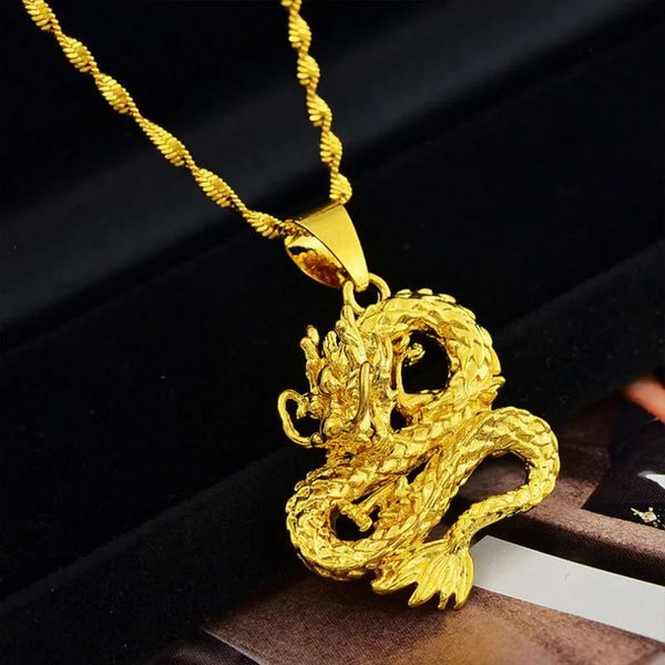 Véritable collier pendentif dragon plaqué or jaune 24 carats pour hommes frère père bijoux mode chaîne dragon en or thaïlandais ne se décolore pas 231229