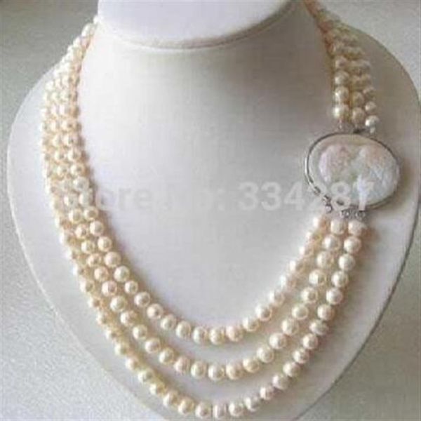 Collar de perlas de agua dulce genuinas de 3 filas de 7-8 mm con cierre de camafeo 271r