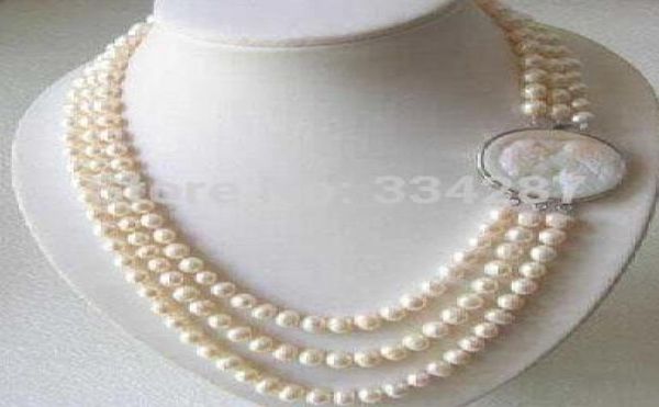 Collar de perlas de agua dulce genuino de 3 filas de 78 MM con cierre de camafeo 012418547