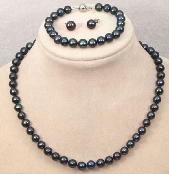 Véritable collier de perles d'eau douce Akoya noires de 8 à 9mm, ensemble de boucles d'oreilles et de bracelet