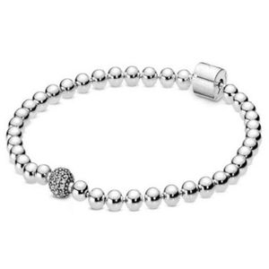 Véritable 925 Brangle en argent sterling perles lisses pavé Bracelet à boule de cristal Fit Perle Charme DIY Bijoux de mode 204V