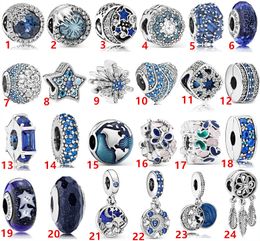 Véritable argent sterling 925 Fit Pandora Bracelet Charms Blue Star Charm Style Charm Perles Amour Coeur Bleu Crysta Charm Pour DIY Perles Charms