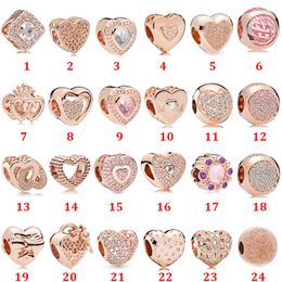 Véritable Argent Sterling 925 Fit Pandora Bracelet Charms Or Rose Magnolia Clip Coeur Charms Perles Amour Coeur Bleu Crysta Charme Pour DIY Perles Charmes