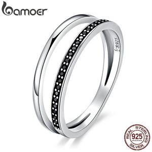 Echte 925 Sterling Zilveren Ring Dubbele Cirkel Zwart Helder CZ Stapelbare Vinger Ring voor Vrouwen Fijne Zilveren Sieraden Gift SCR082 2011200x