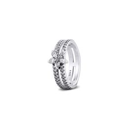Echt 925 Sterling Zilveren Ringen voor Vrouwen Fonkelende Sneeuwvlok Dubbele Ring Engagement Wedding Statement Sieraden Party Gift180L