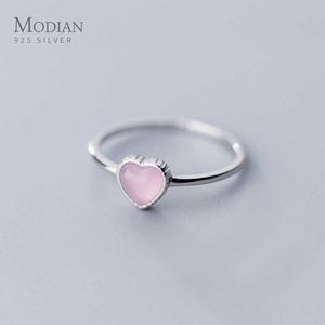 Anillos de corazones de ópalo rosa románticos de plata esterlina 925 genuinos para mujeres Anillo de dedo abierto ajustable Joyería fina de moda 210707