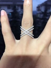 Echt 925 Sterling zilver maat 6 7 8 9 micro pave cz dubbele Criss cross X ring voor bruiloft vrouwen vinger sieraden D18111405157H