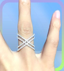 Echte 925 Sterling Silver Grootte 6,7,8,9 Micro Pave CZ Double Criss X Ring voor bruiloft Women Finger Jewelry D181114052236609
