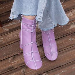 Echte enkelleer vrouwen laarzen est kruisgebonden ronde hoge hakken schoenen goth solide botas de mujer 2024 fa 93