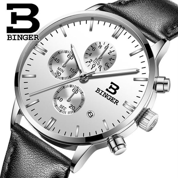 Véritable BINGER Quartz hommes montres en cuir véritable montres course hommes étudiants jeu Run chronographe montre mâle lueur mains CX200805276L