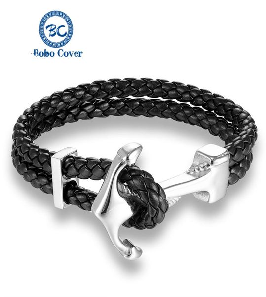 Bracelet de couple en cuir noir véritable en acier inoxydable argenté blanc ancre bracelet à breloques hommes bracelet de mode amoureux bijoux cadeau 3632611