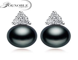 Véritable boucles d'oreilles noires étalons pour femmes à la mode d'eau douce 925 Bijoux d'oreille en argent Gift 9405001