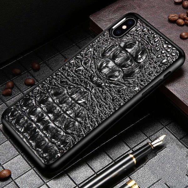 Estuche de cuero de vaca genuino para iPhone 14 Pro Max 13 12 11 3D Crocodile Skull Armor Contraportada