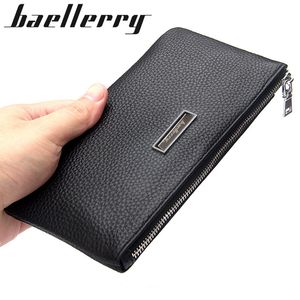 Cartera de piel de vaca auténtica para hombre, diseño de Lichee, delgada, suave, con cremallera larga, monedero para hombre, bolsillo para dinero, bolso de mano, tarjetero