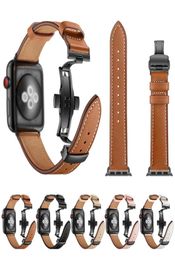 Band de montre en cuir de vache authentique pour Apple Watch 38 mm 40mm 42 mm 44 mm Bandle de bracelet de boucle papillon pour pomme Iwatch Strap Series12346041519