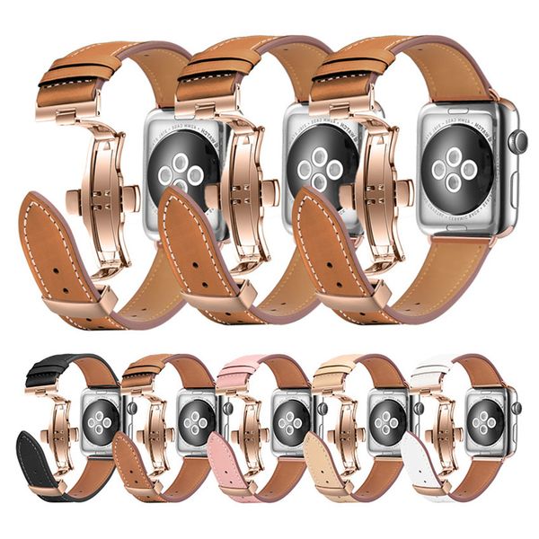 Correa de reloj de cuero de vaca genuino para Apple Watch Correa 38mm 40mm 42mm 44mm 41mm 45mm Hebilla de mariposa Pulsera Correa Iwatch Series1 2 3 4