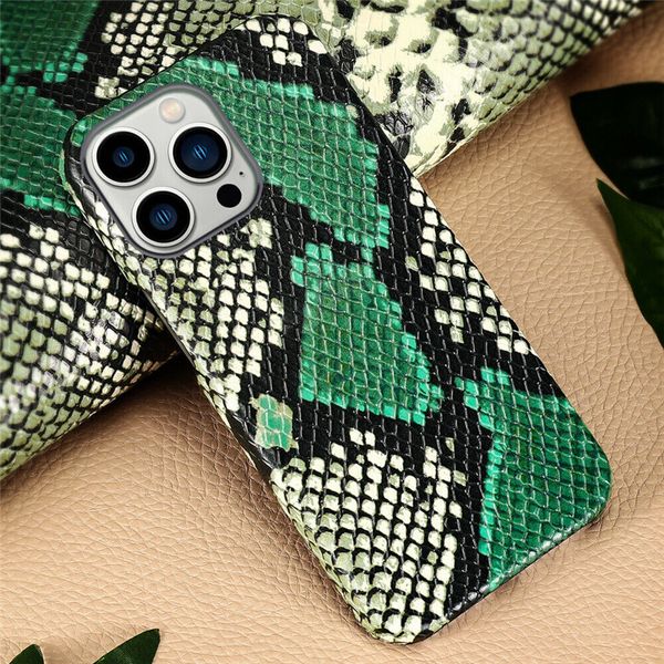 Étui mince en cuir de vache véritable pour iPhone 14 Pro Max Plus 13, couverture blindée à Texture arrière Python