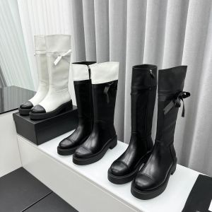 Véritable cuir de vachette bottes à hauteur du genou bout rond ruban zip bottillons de qualité supérieure talons épais noir blanc femmes designer de luxe chaussures décontractées chaussure d'usine