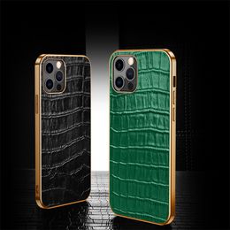 Coque de téléphone en cuir véritable motif crocodile pour iPhone 13 12 Mini 11 Pro Max XR XS Durable Protection complète souple Placage de pare-chocs Alligator Grain Business Shell