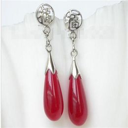 Boucles d'oreilles pendantes authentiques en jade rouge, 8, 21mm, 18KGP post e1804257G