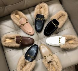 Echte ontwerper Lazy Leather Brand Fashion Loafers Women Mules Shoes Rabbit Fur Slippers Real Pictures 16315 17226 90202 20999