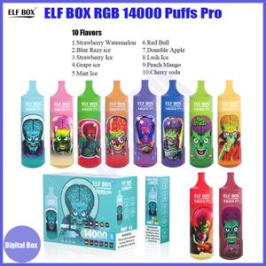 Boîte elfe authentique 14000 Puffs Pro Disposable Vape 600mAh Type-C E Cigarette 25ml Puffle 14K Vape Pen Puff Bar Bar Cartridge Pod RVB Light Kit vs Bang 15K Digital