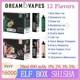 Boîte elfe authentique SHISHA 16000 Puffle Dernichable E Cigarettes POD 600mAh Batterie rechargeable Type-C 12 FLAVORS 0% 2% 3% 5% Capacité 28 ml Vapes
