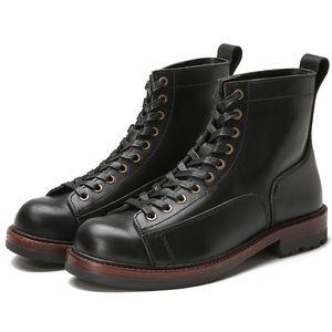Echte Engeland -stijl Leather Black Martin High Top Work Boots Handgemaakte veter ronde teen enkellaarzen voor mannen