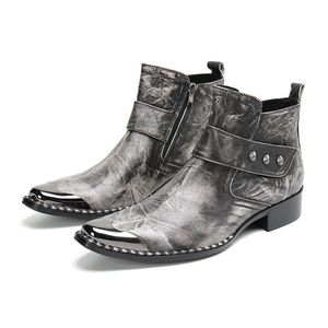 Véritable mode rétro en cuir rétro Men de la cheville gris Italien Business Shoes Chaussures carrées Bottes de cowboy 21260