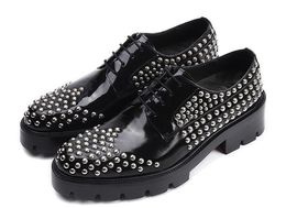 Genuine Formal Classics Dress winter Black Leather platform men's Shoes handmade Lace up Rivet Derby shoes men 428