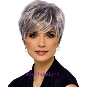 Perruques de cheveux authentiques boutique en ligne Wig New Gradient Silver Grey Womens Short Oblique Bangs Wig