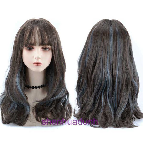 Perruques de cheveux authentiques boutique en ligne Wig Femmes à cheveux longs Fashion Dyed Dyed Blue Gradient Wave Cover Confortable et naturelle à haute température Silk Top Bople Longueur