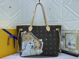 Ensemble de 2 pièces en cuir véritable motif chaton femmes sacs à bandoulière en cuir sacs à main cosmétiques sacs de messager sac fourre-tout sacs de créateurs