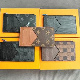 Cuero genuino 4 ranuras para tarjetas Titular de lujos Diseñadores Moda Hombres Compartimento con cremallera Titular de la tarjeta Flor marrón Carteras largas Key Purs